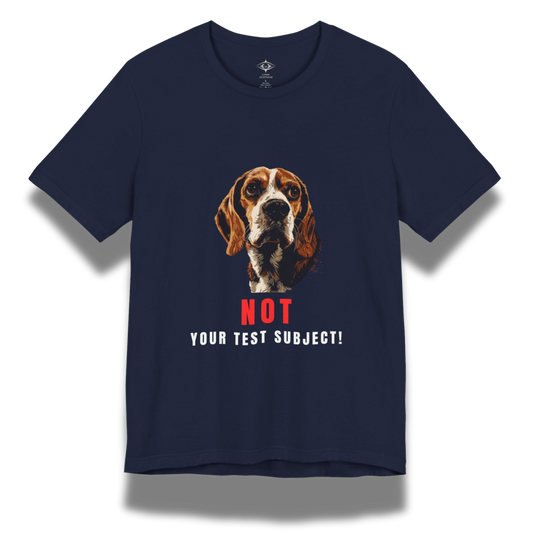 Navy t-shirt with a beagle dog graphic and text "not your test subject" on a white background