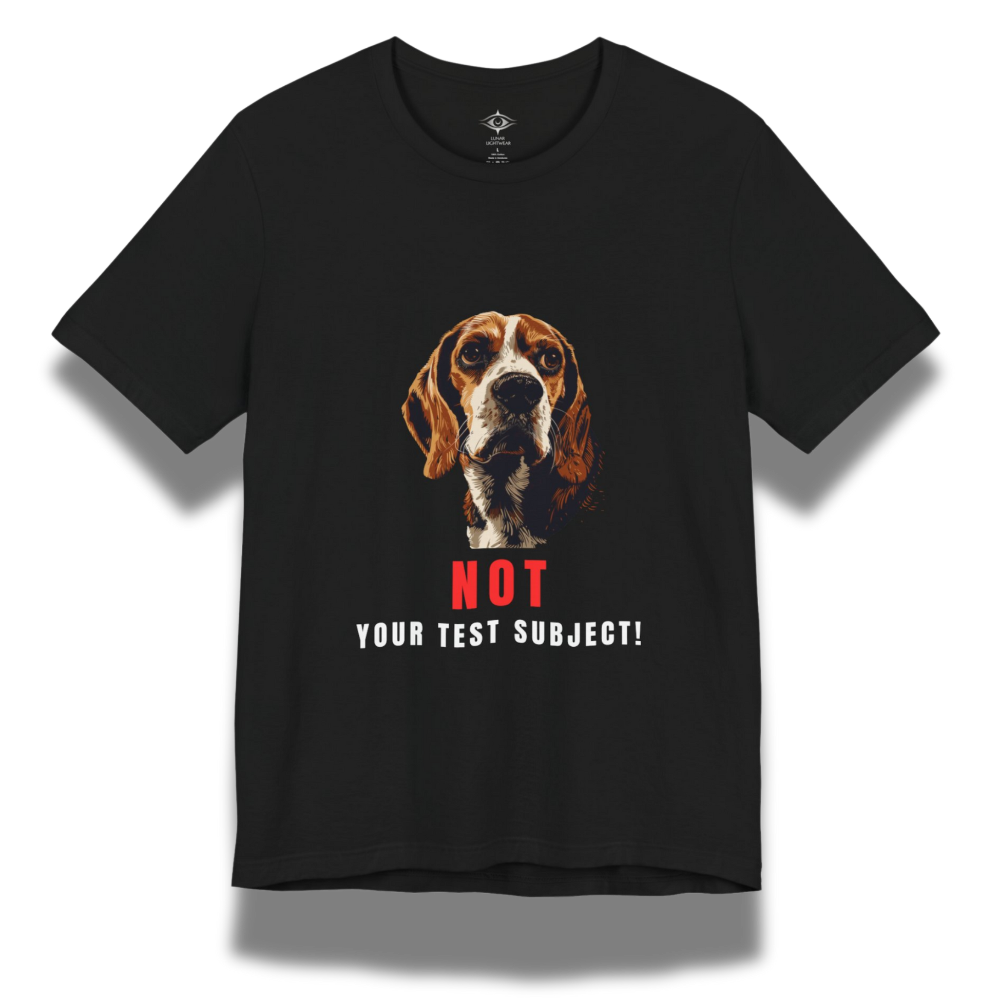 Black t-shirt with a beagle dog graphic and text "not your test subject" on a white background
