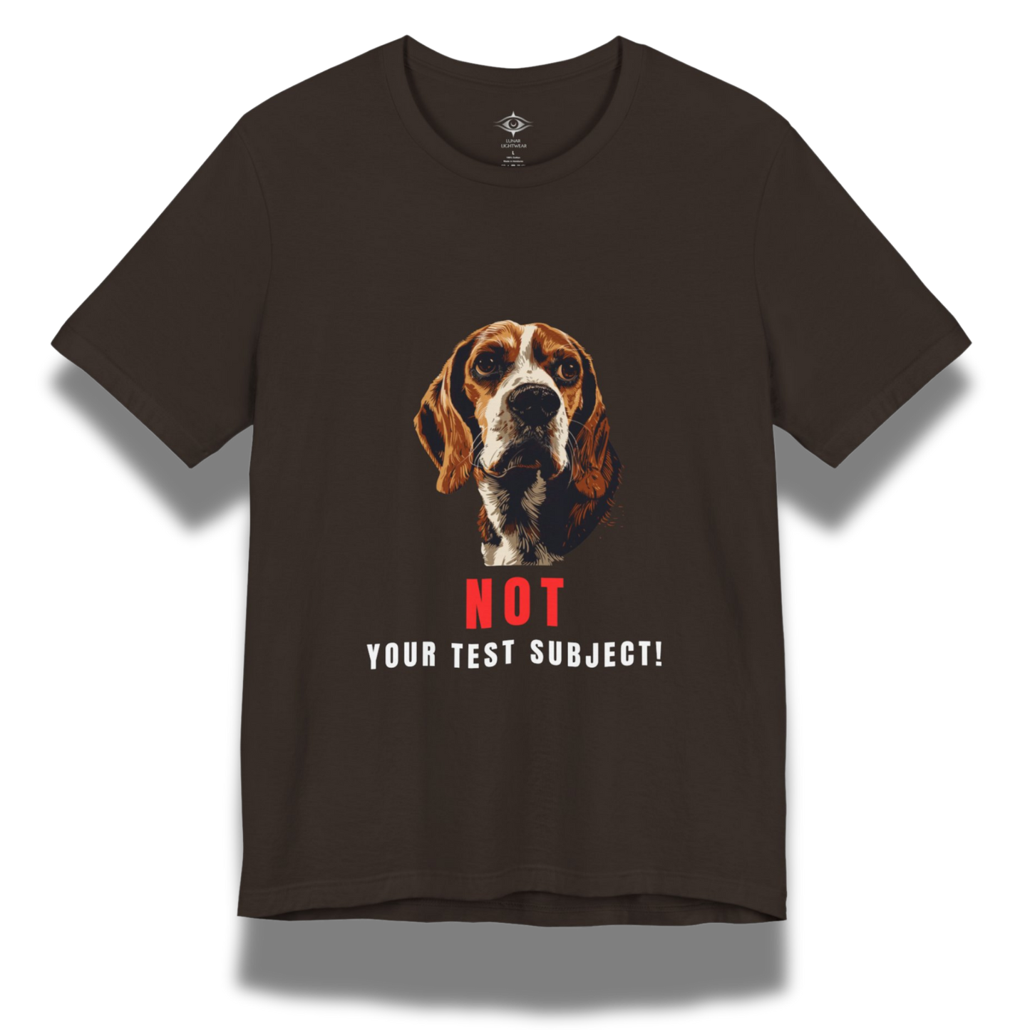 Brown t-shirt with a beagle dog graphic and text "not your test subject" on a white background