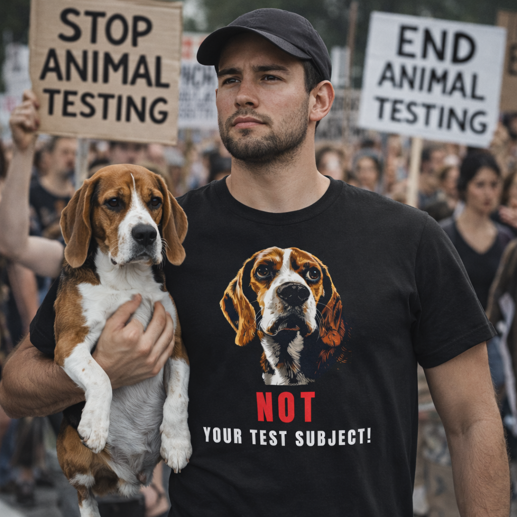 Man holding a beagle dog at a protest with 'End Animal Testing' signs