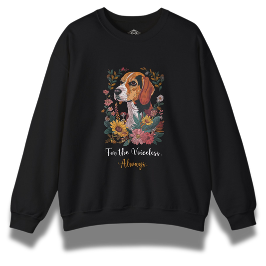 Black sweatshirt with a beagle dog and floral design on a white background