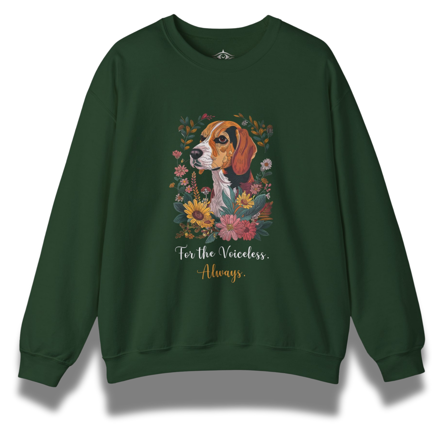 Green sweatshirt with a beagle dog and floral design on a white background