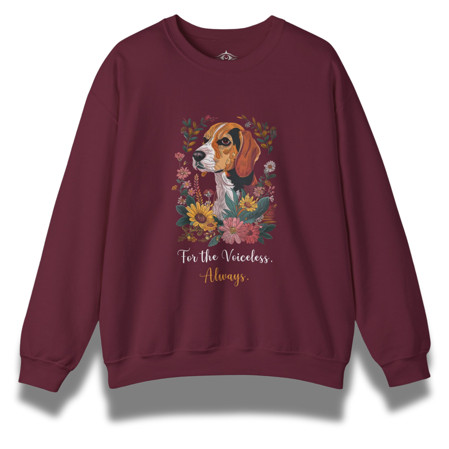 Maroon sweatshirt with a beagle dog and floral design on a white background