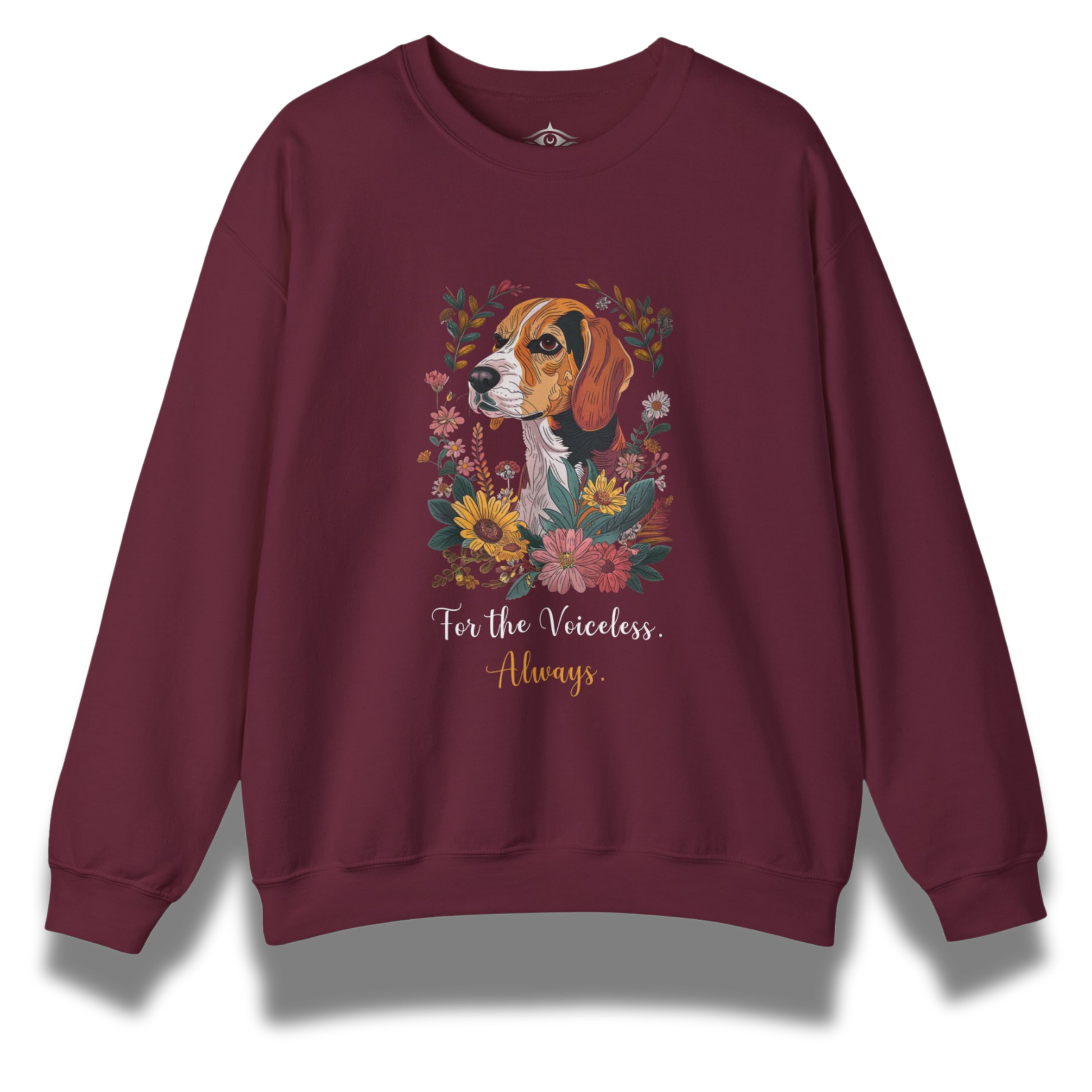 Maroon sweatshirt with a beagle dog and floral design on a white background