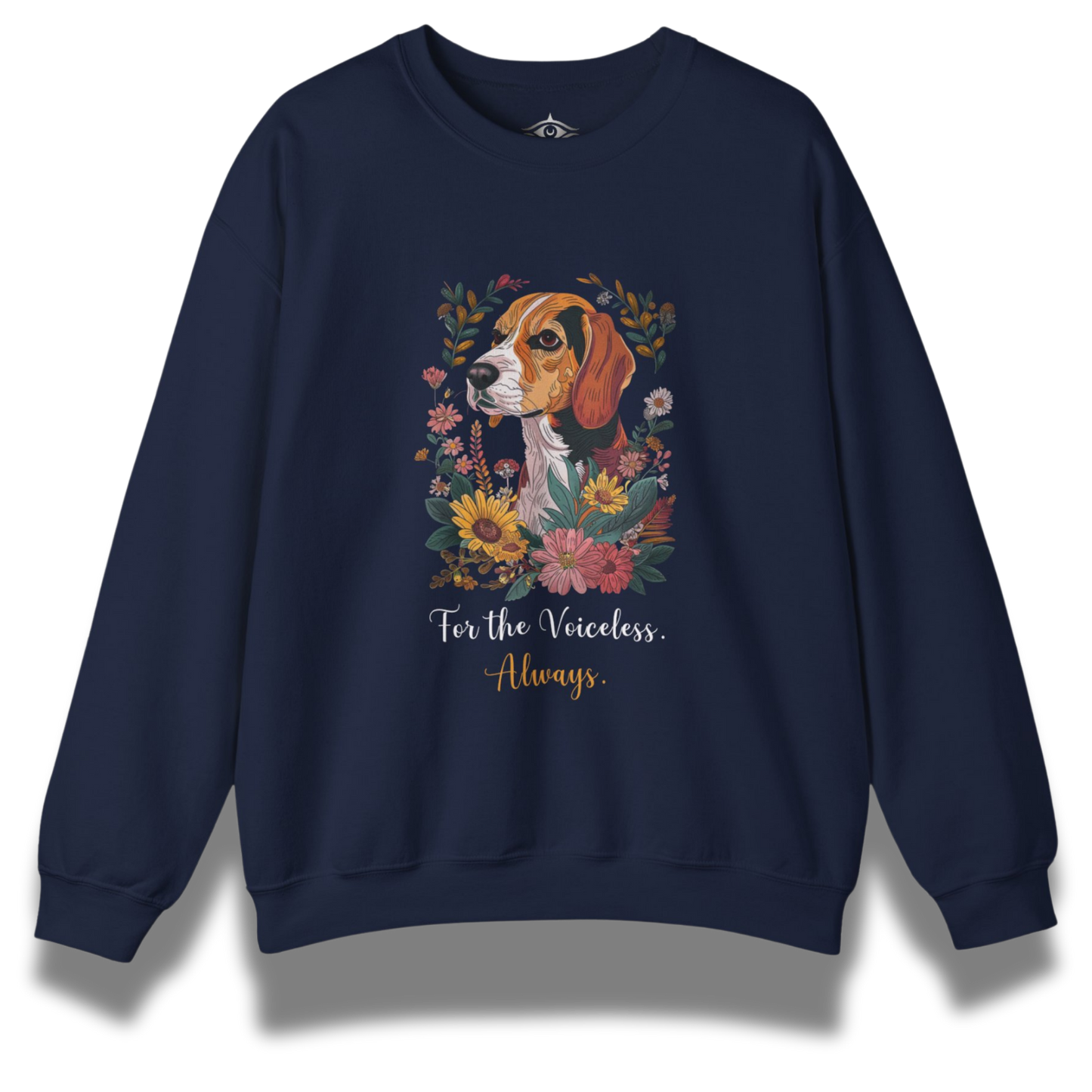 Navy blue sweatshirt with a beagle dog and floral design on a white background