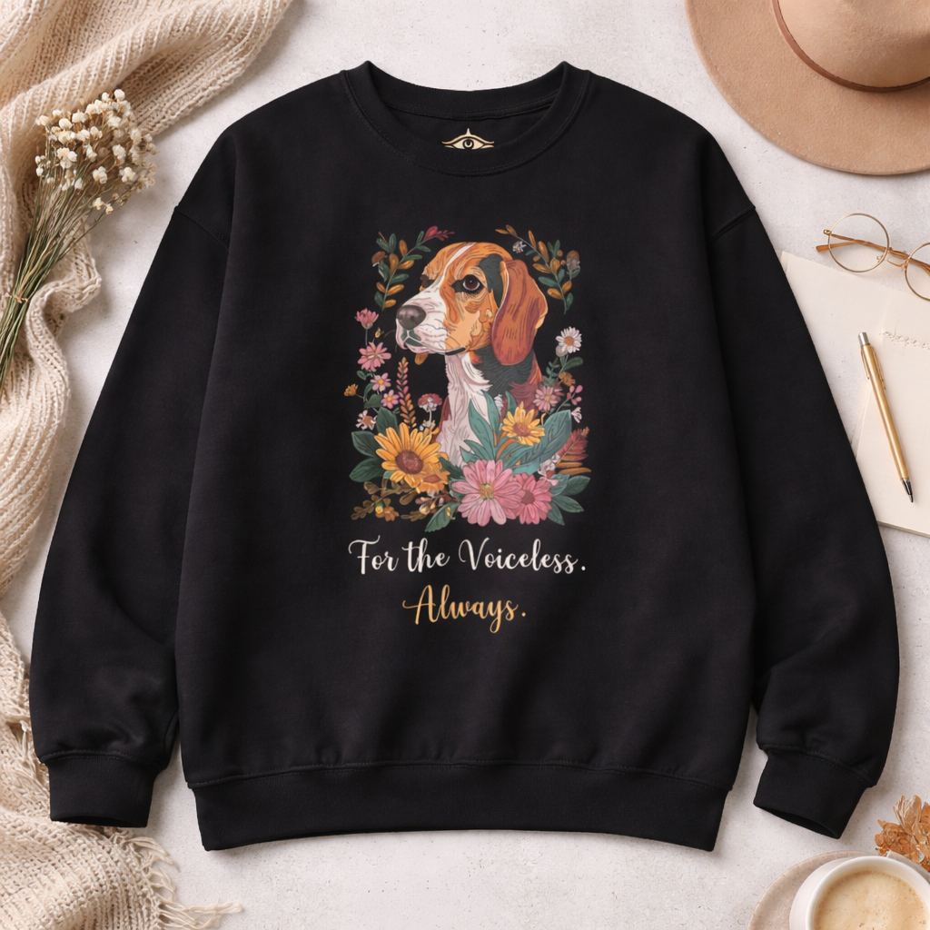 Black sweatshirt with a beagle dog and floral design on a light surface with decorative items.
