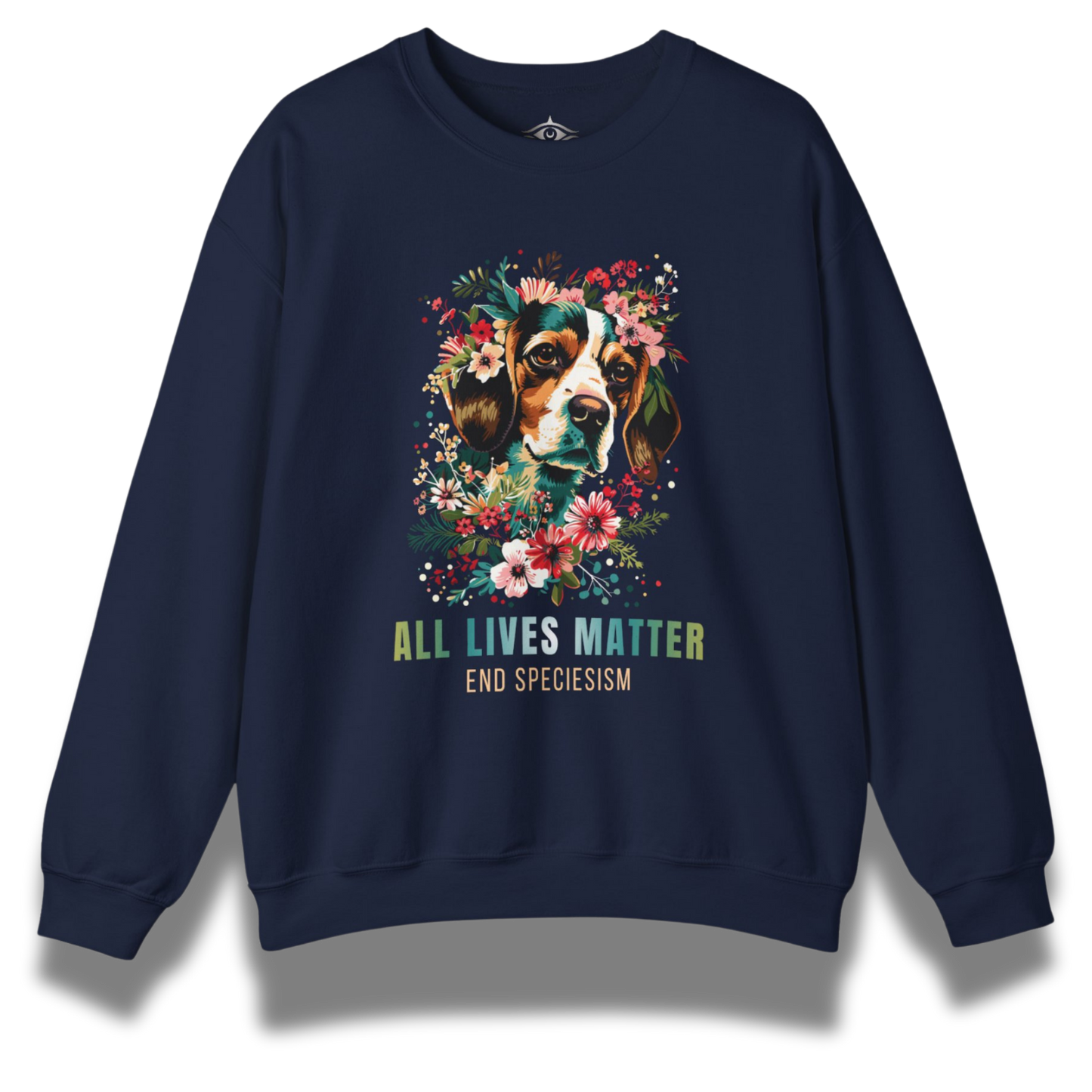 Navy blue sweatshirt with a beagle dog illustration and 'All Lives Matter' text on a white background