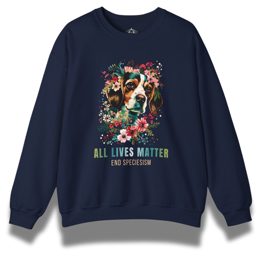 Navy blue sweatshirt with a beagle dog illustration and 'All Lives Matter' text on a white background