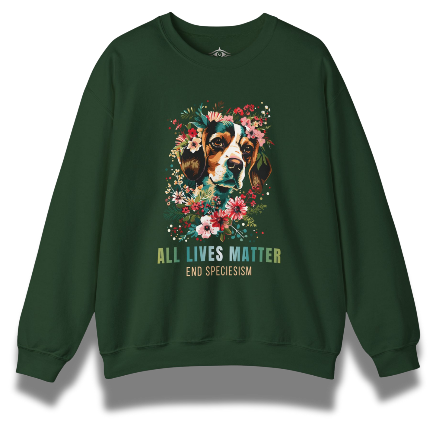 Green sweatshirt with a beagle dog and floral design on a white background