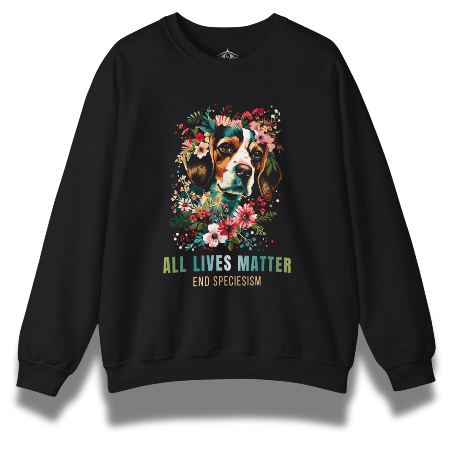 Black sweatshirt with a beagle dog and floral design and 'All Lives Matter' text on a white background