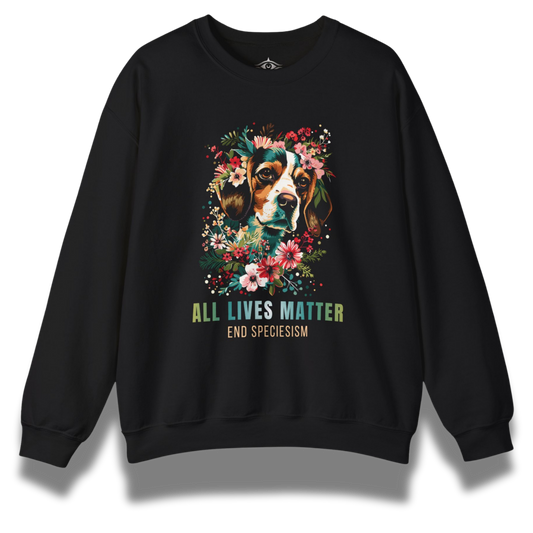Black sweatshirt with a beagle dog and floral design and 'All Lives Matter' text on a white background