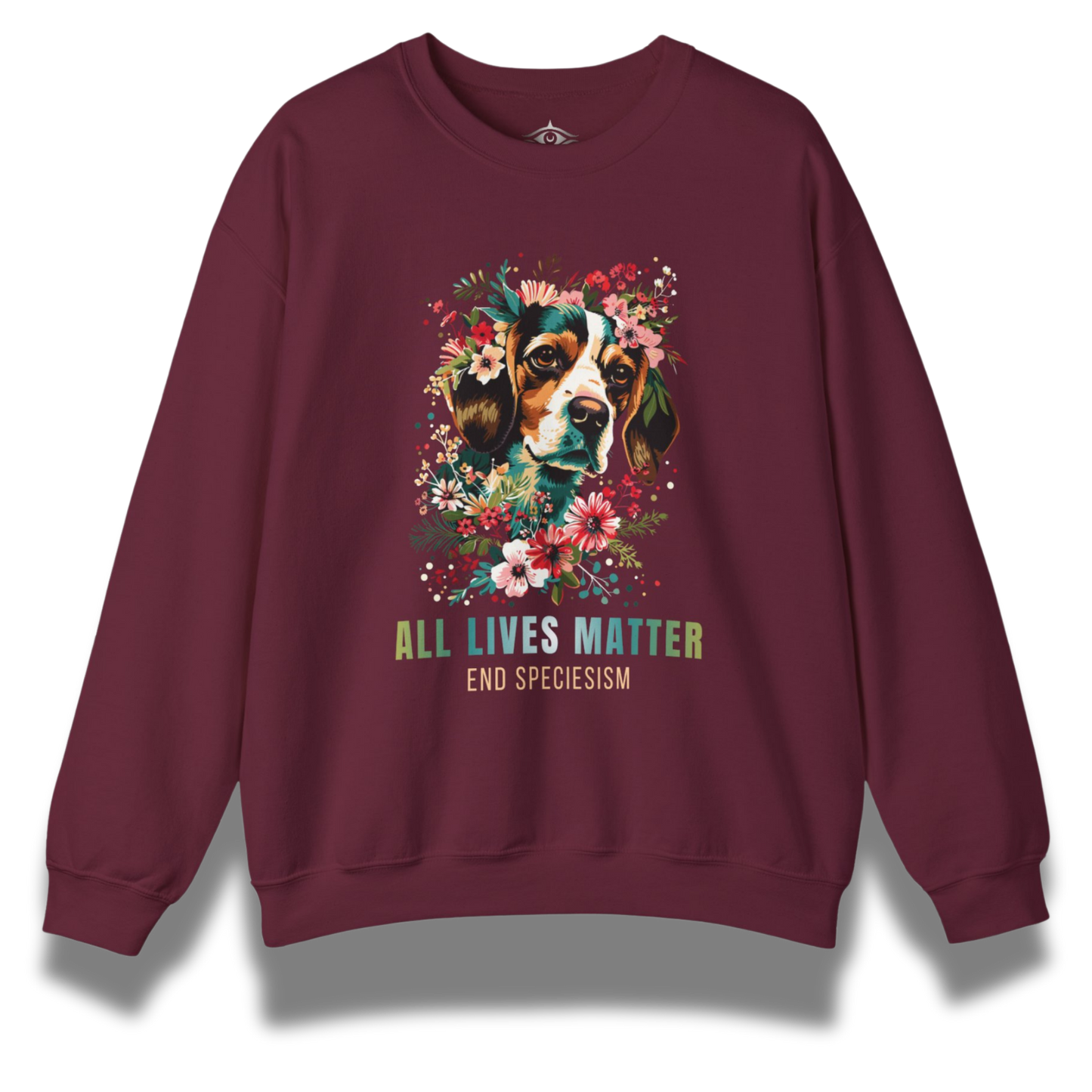 Maroon sweatshirt with a beagle dog and floral design and 'All Lives Matter' text on a white background