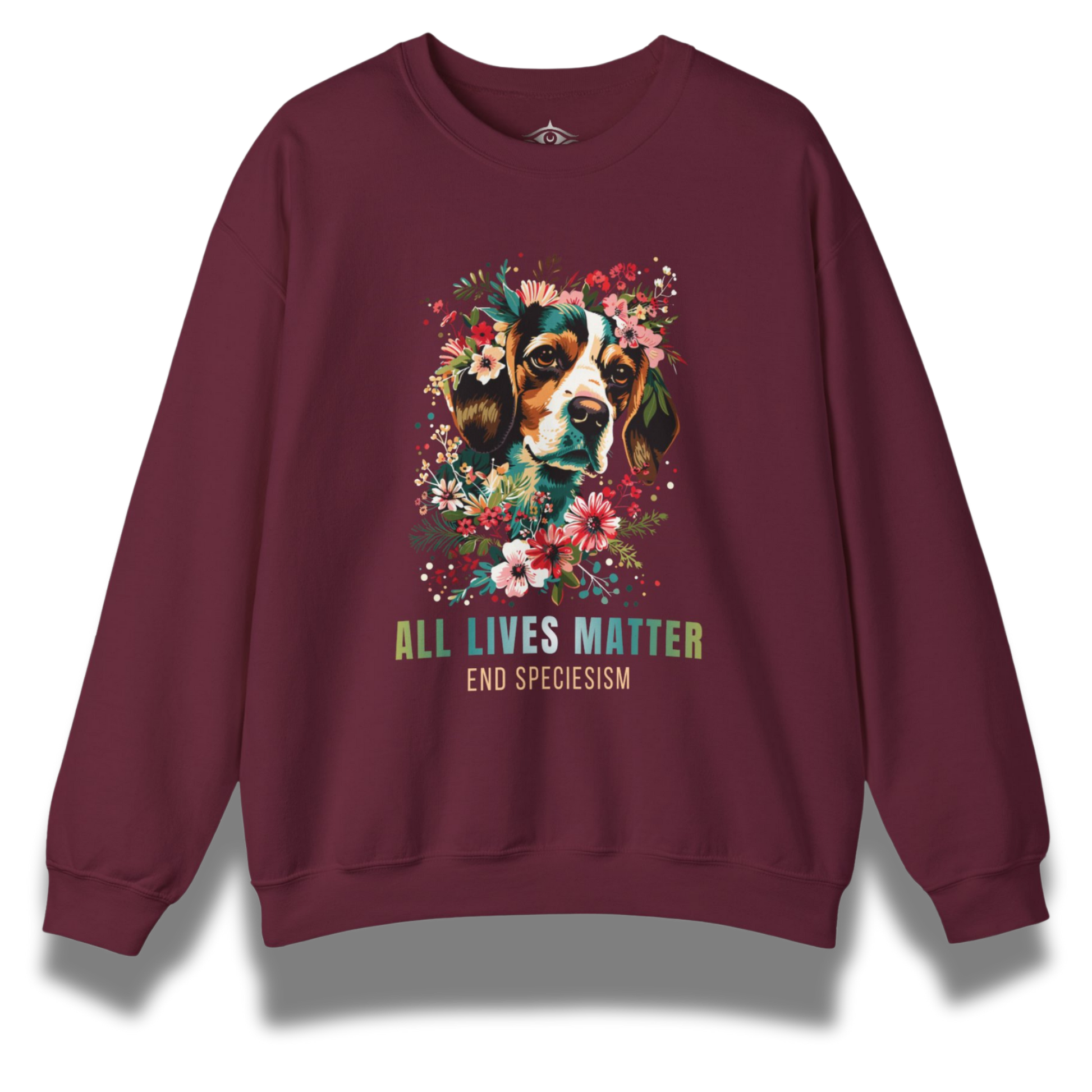 Maroon sweatshirt with a beagle dog and floral design and 'All Lives Matter' text on a white background