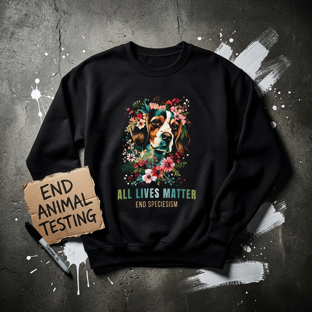 Black sweatshirt with a beagle dog graphic and text on a textured dark background