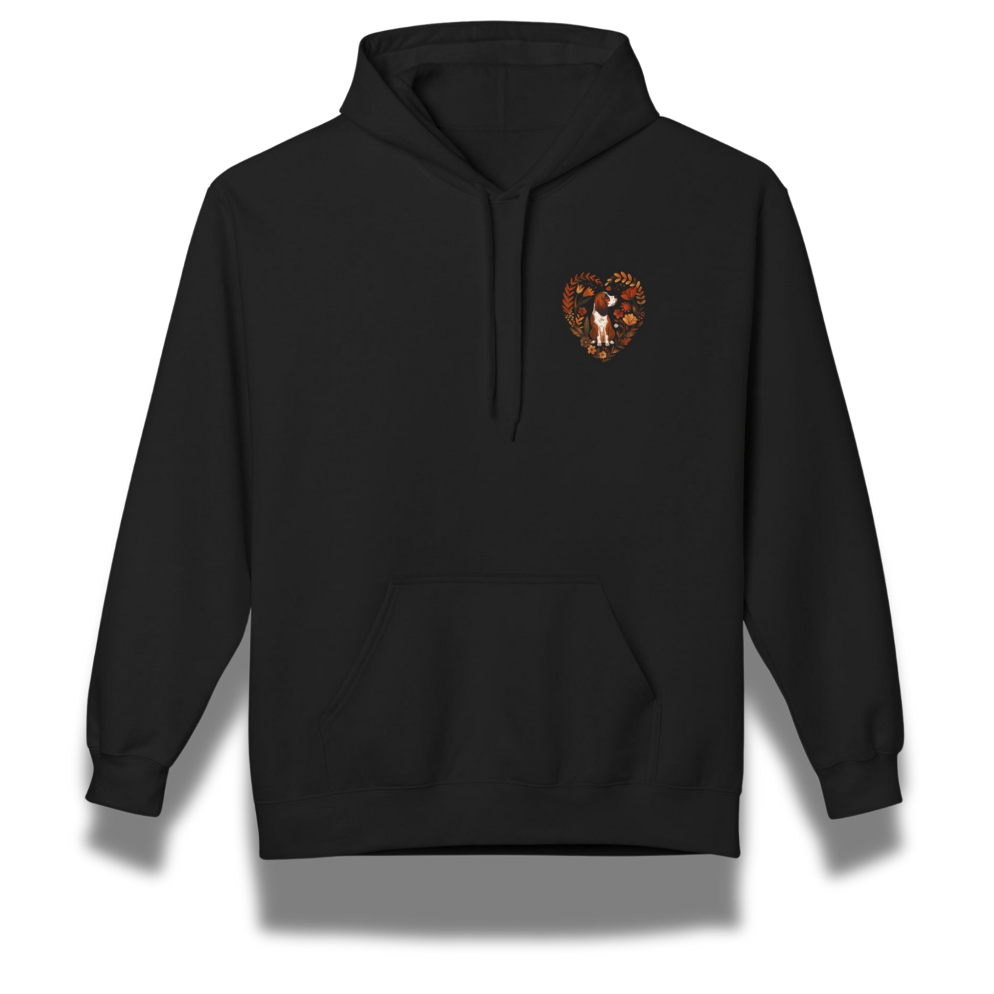 Black hoodie with a small beagle dog design on the chest against a white background