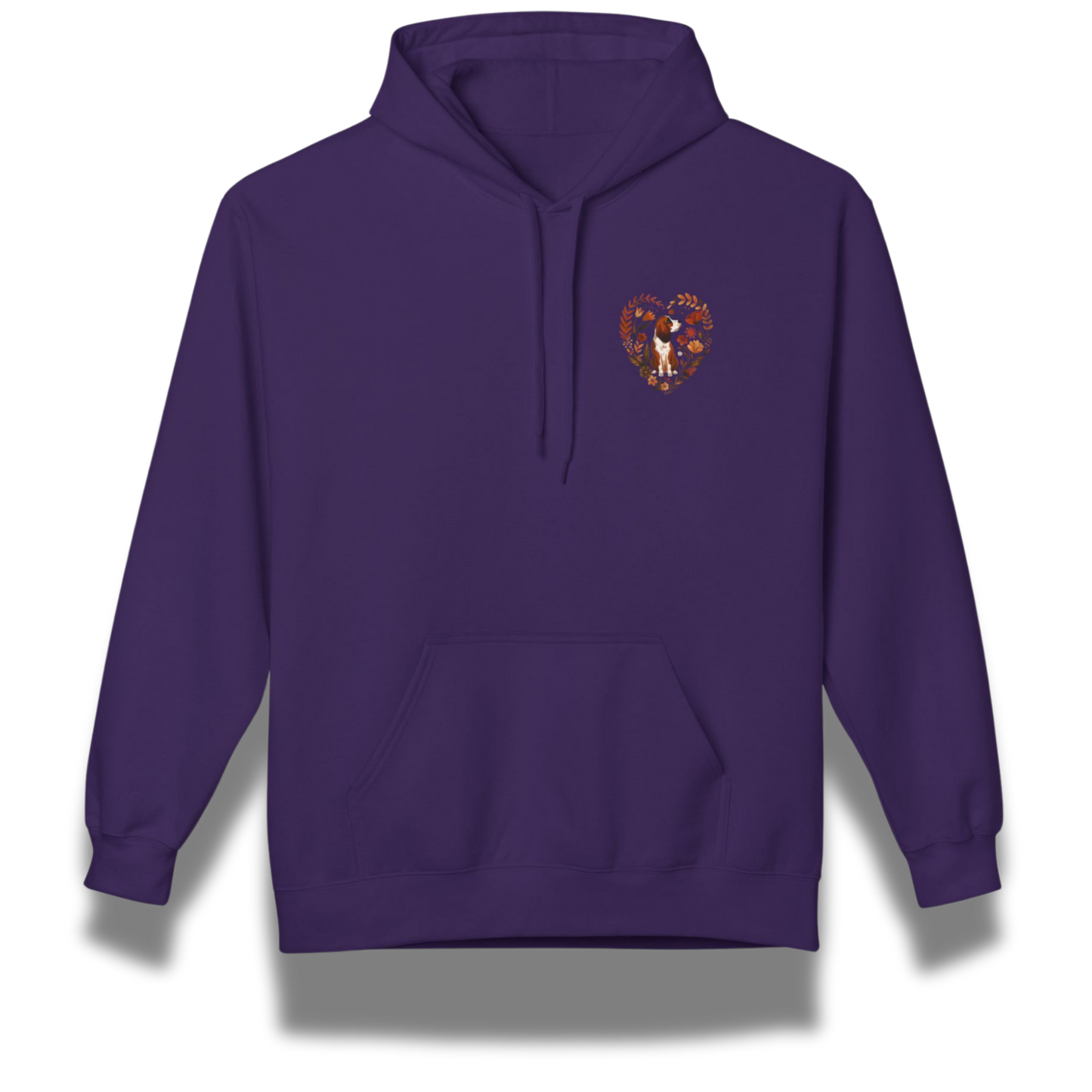 Purple hoodie with a small beagle dog design on the chest against a white background