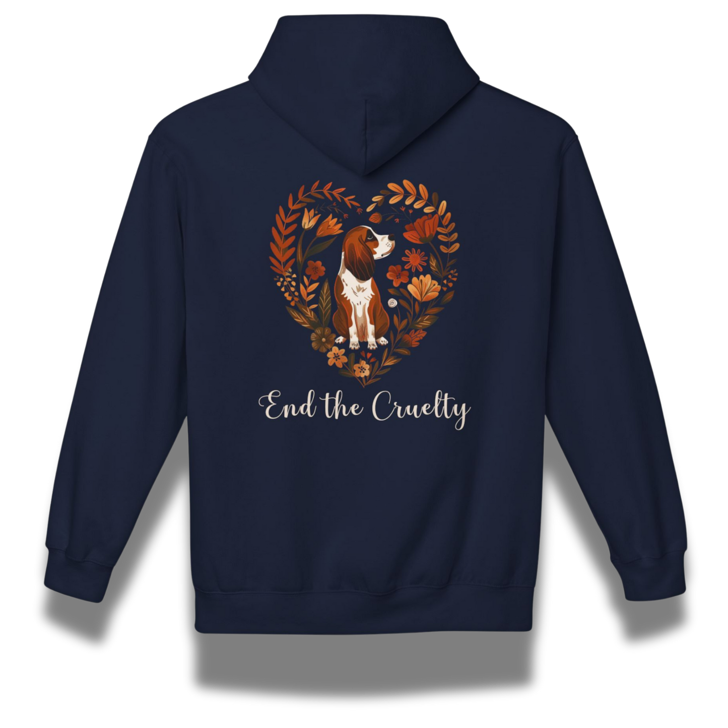 Navy blue hoodie with a beagle dog illustration and 'End the Cruelty' text on the back.