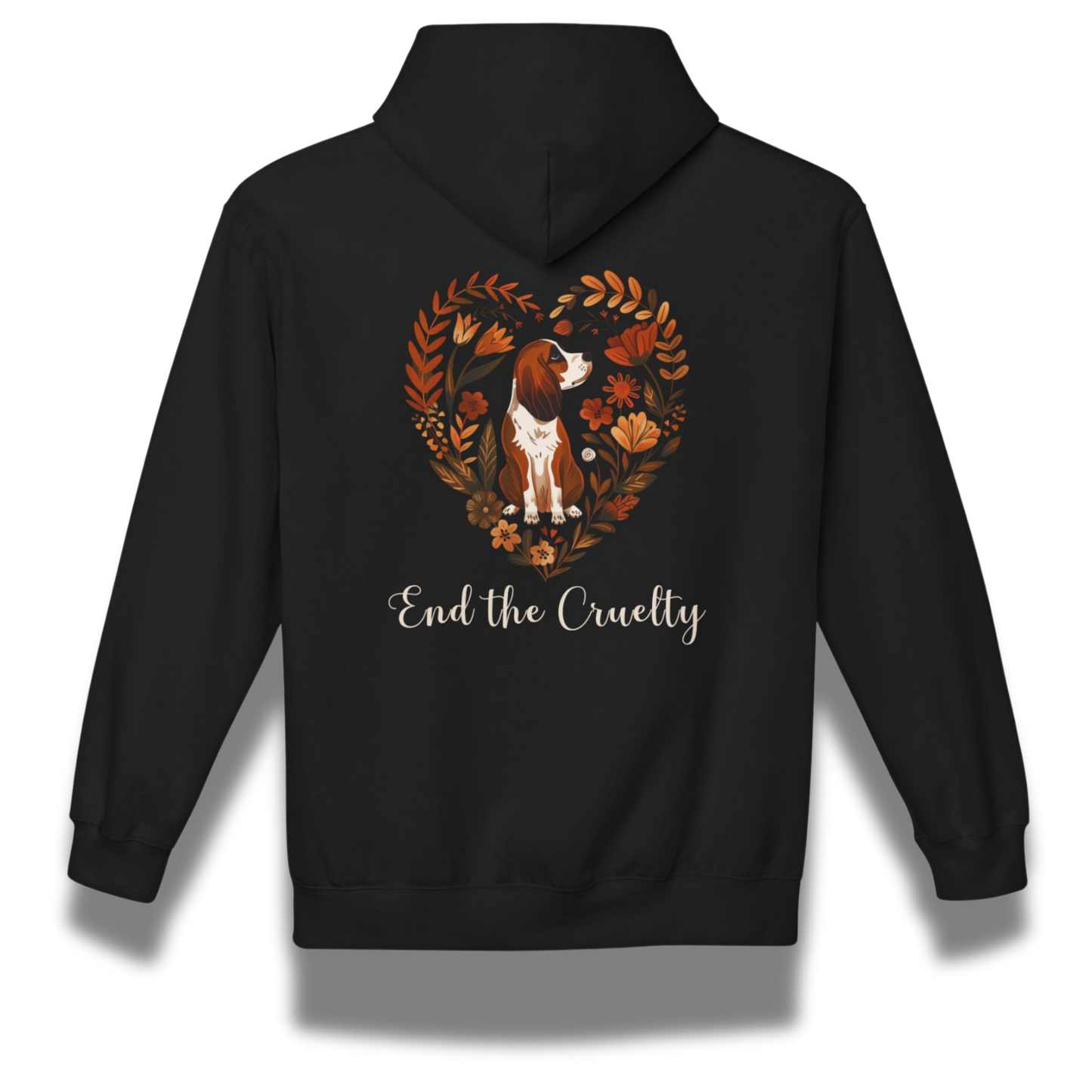 Black hoodie with a beagle dog illustration and 'End the Cruelty' text on the back