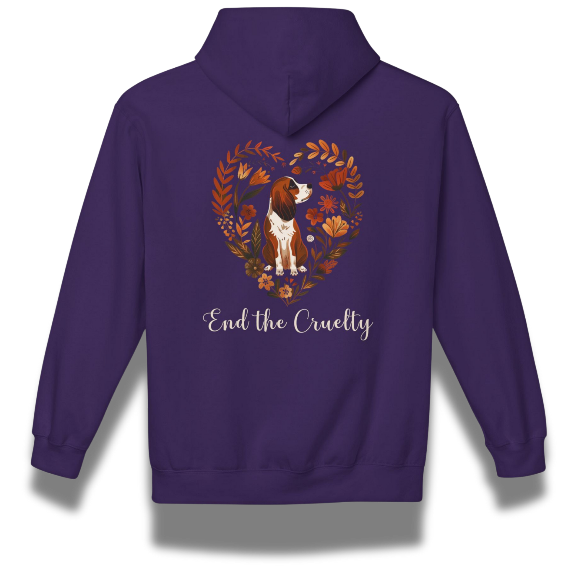 Purple hoodie with a beagle dog illustration and 'End the Cruelty' text on the back
