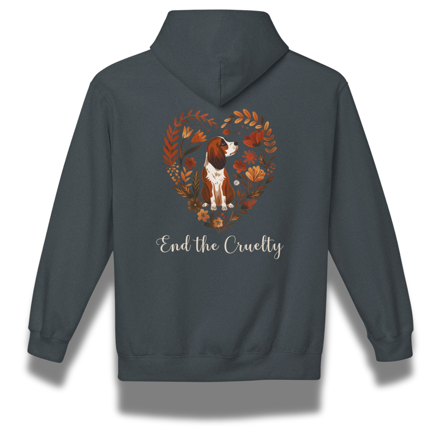 Dark gray hoodie with a beagle dog illustration and 'End the Cruelty' text on the back