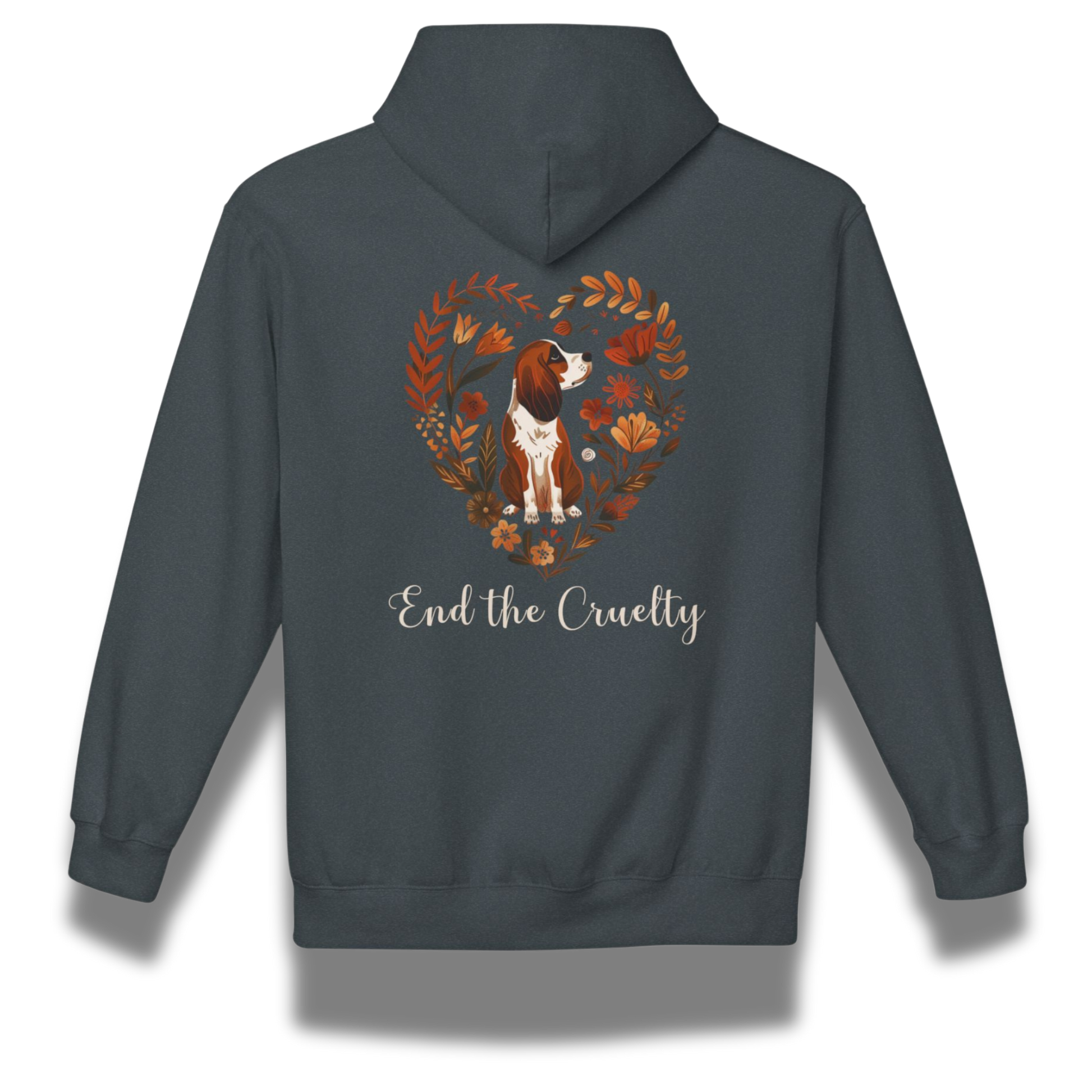 Dark gray hoodie with a beagle dog illustration and 'End the Cruelty' text on the back