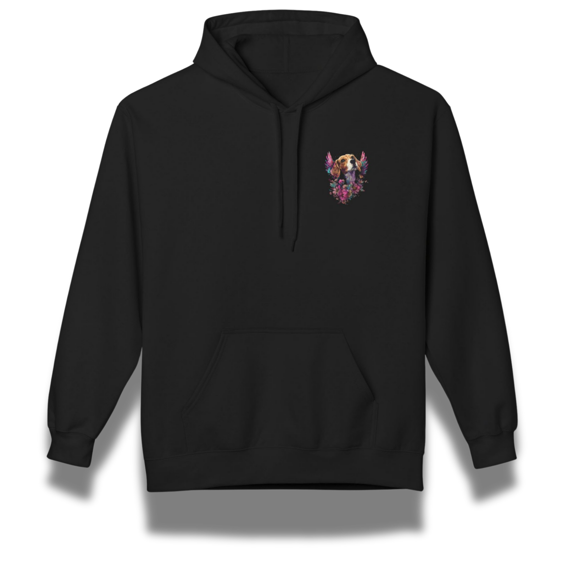 Black hoodie with a colorful beagle dog graphic on the chest against a white background