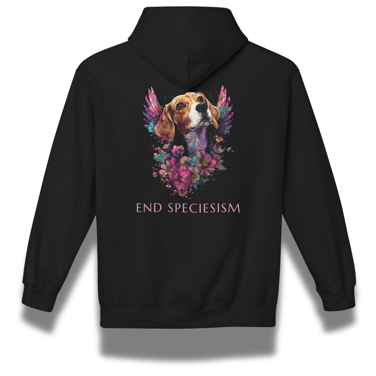 Black hoodie with a colorful beagle dog illustration and 'End Speciesism' text on the back.