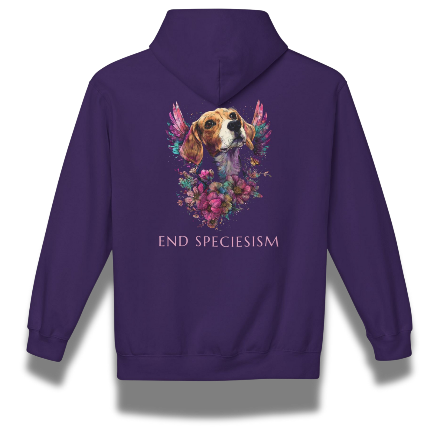 Purple hoodie with a beagle dog and floral design on the back, featuring the text 'END SPECIESISM'.