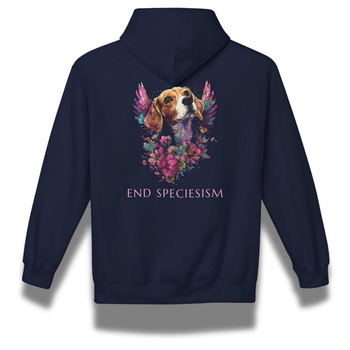 Navy blue hoodie with a beagle dog and floral design on the back, featuring the text 'END SPECIESISM'.