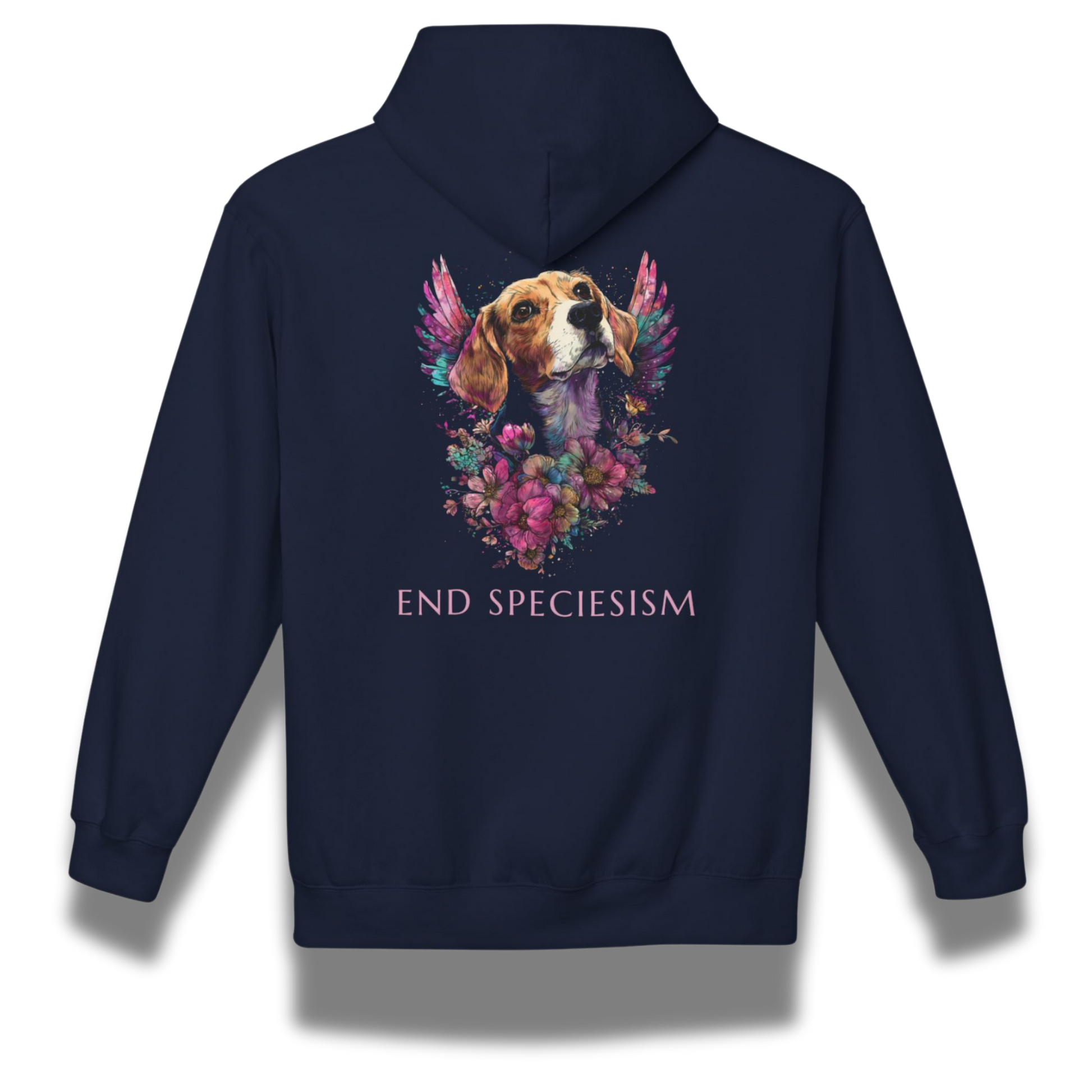 Navy blue hoodie with a beagle dog and floral design on the back, featuring the text 'END SPECIESISM'.