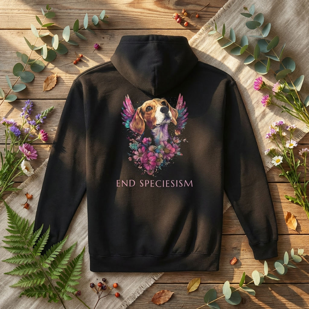 Black hoodie with a beagle dog with angel wings and floral design on a wooden surface with flowers and leaves with the text "end speciesism"