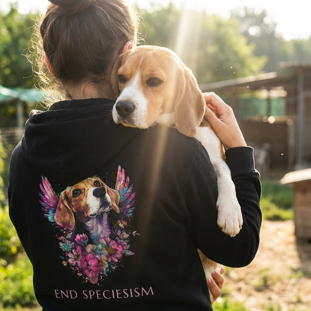 Person holding a beagle dog wearing a hoodie with a beagle design and 'End Speciesism' text.