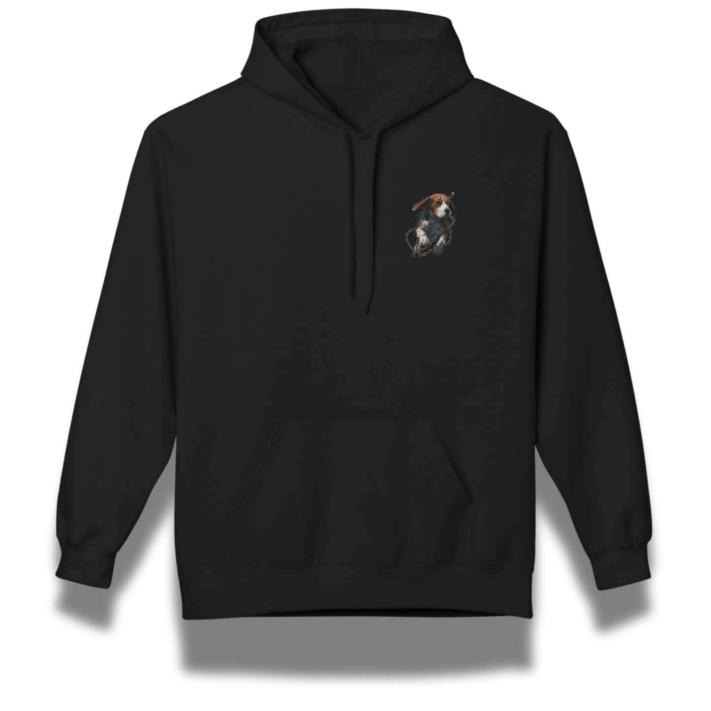 Black hoodie with a small beagle dog graphic on the chest against a white background