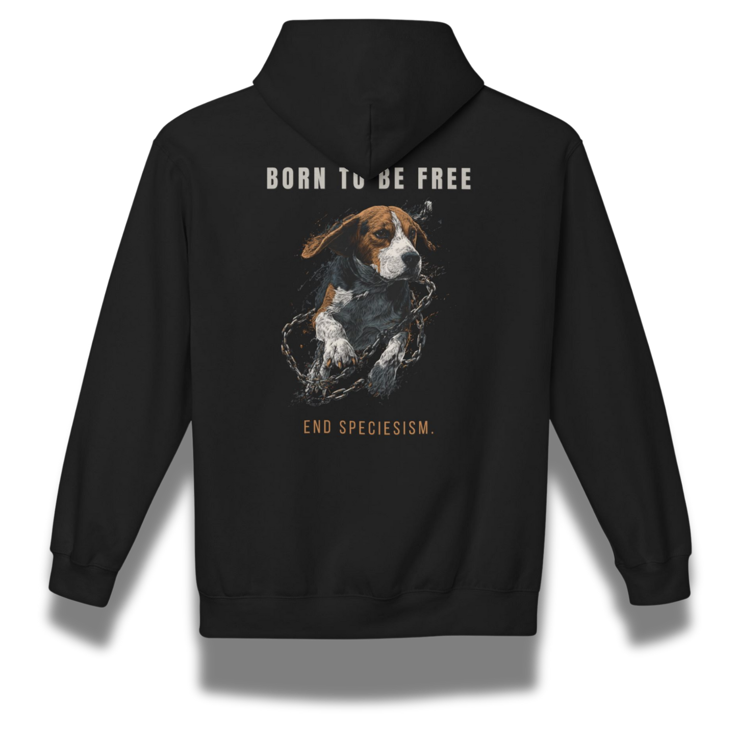 Black hoodie with a beagle dog graphic and text on the back, on a white background