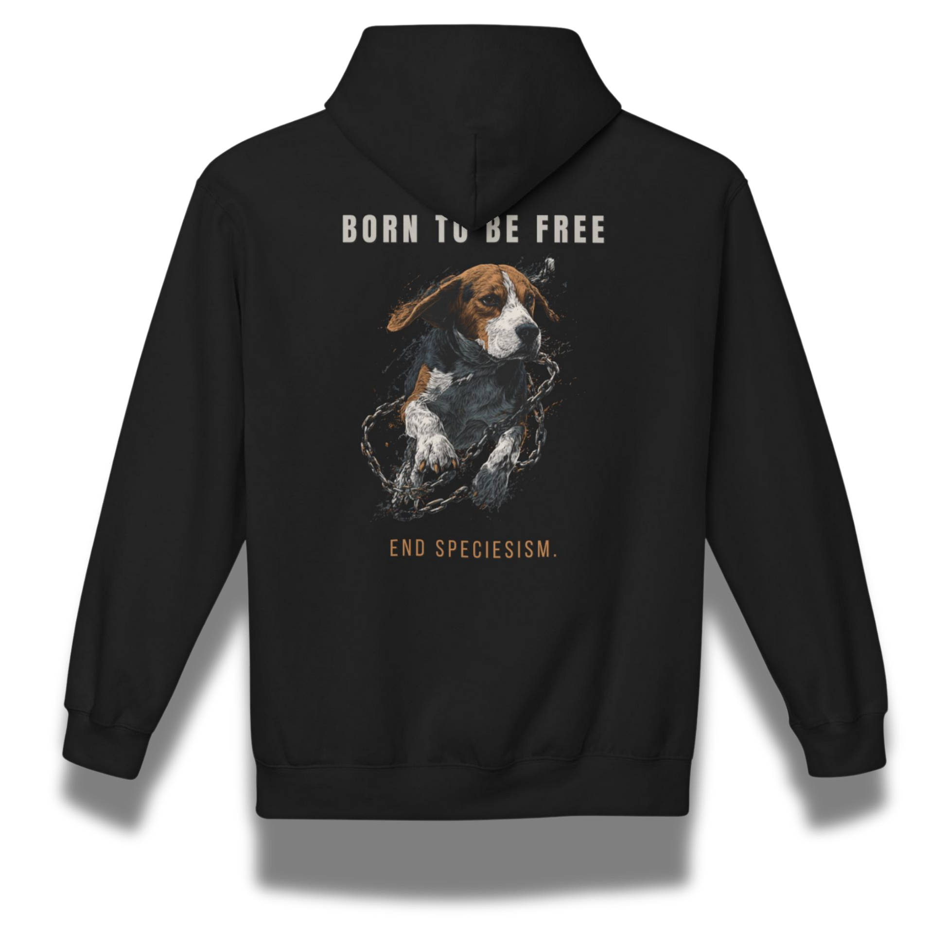 Black hoodie with a beagle dog graphic and text on the back, on a white background