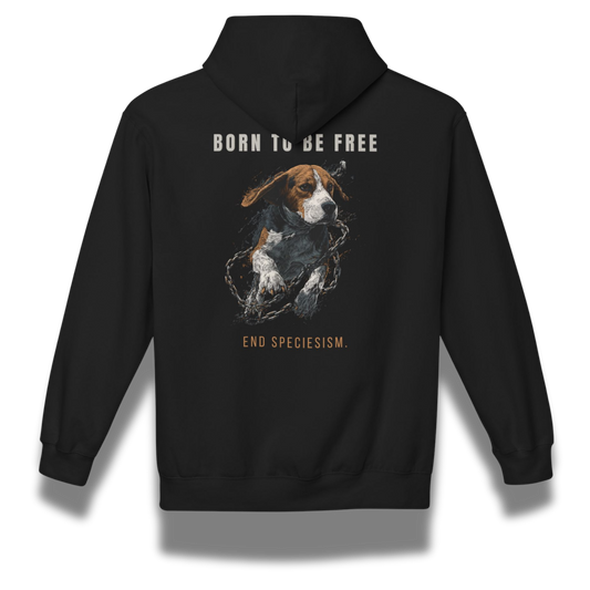 Black hoodie with a beagle dog graphic and text on the back, on a white background