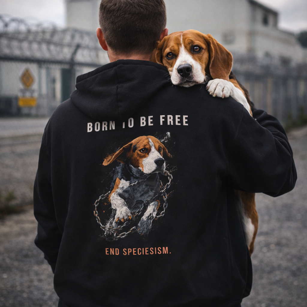 Person wearing a black hoodie with a beagle dog graphic and text saying "born to be free", holding a beagle in his arms.