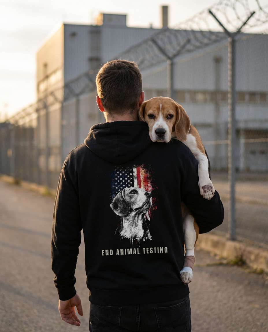 Person holding a dog with a hoodie featuring an anti-animal testing message.