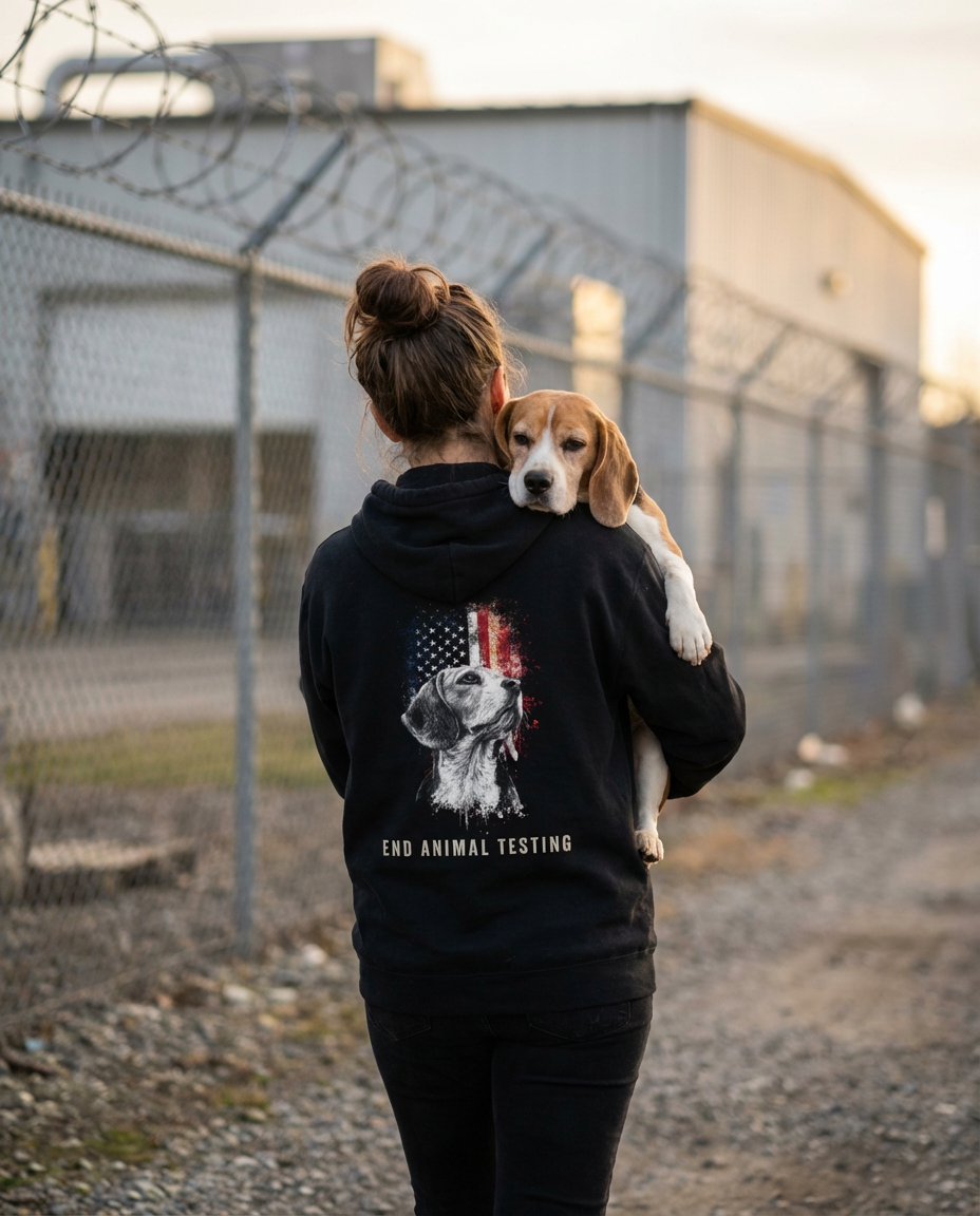 Person holding a dog with 'End Animal Testing' hoodie in an industrial setting