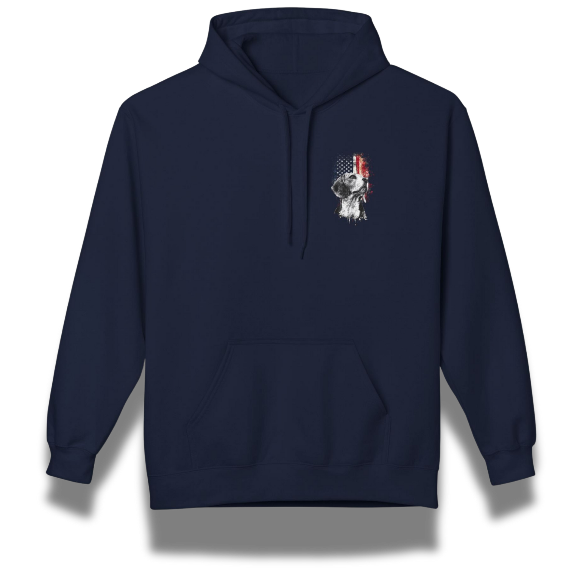 Navy blue hoodie with a small embroidered design on the chest against a white background