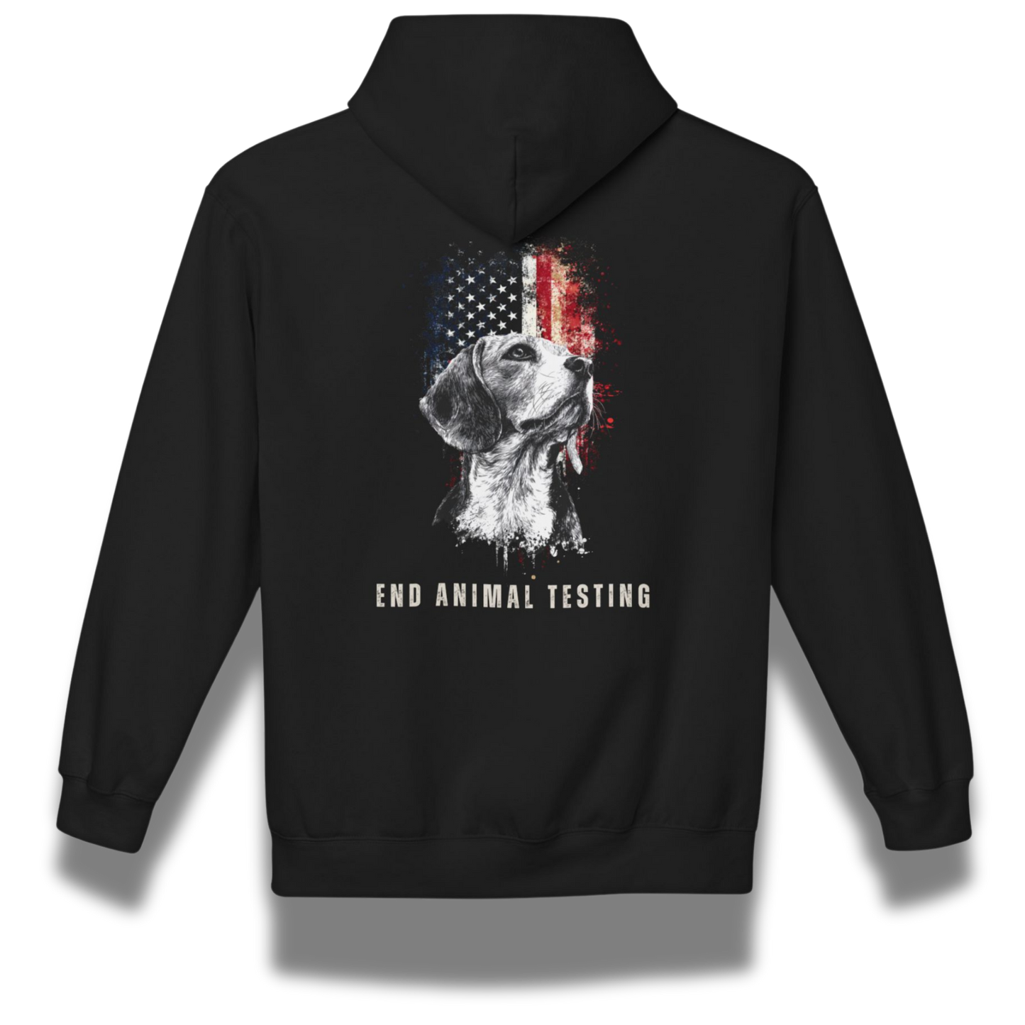Black hoodie with a graphic of a dog and American flag on the back, accompanied by the text 'End Animal Testing'.