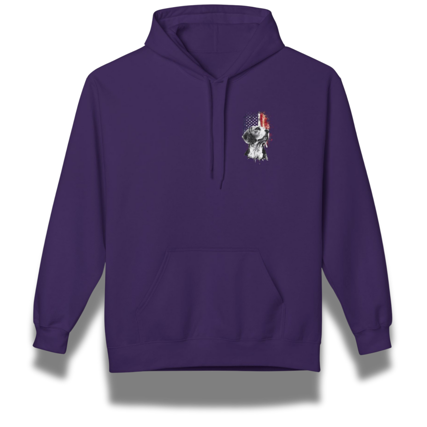 Purple hoodie with a small embroidered design on the chest against a white background