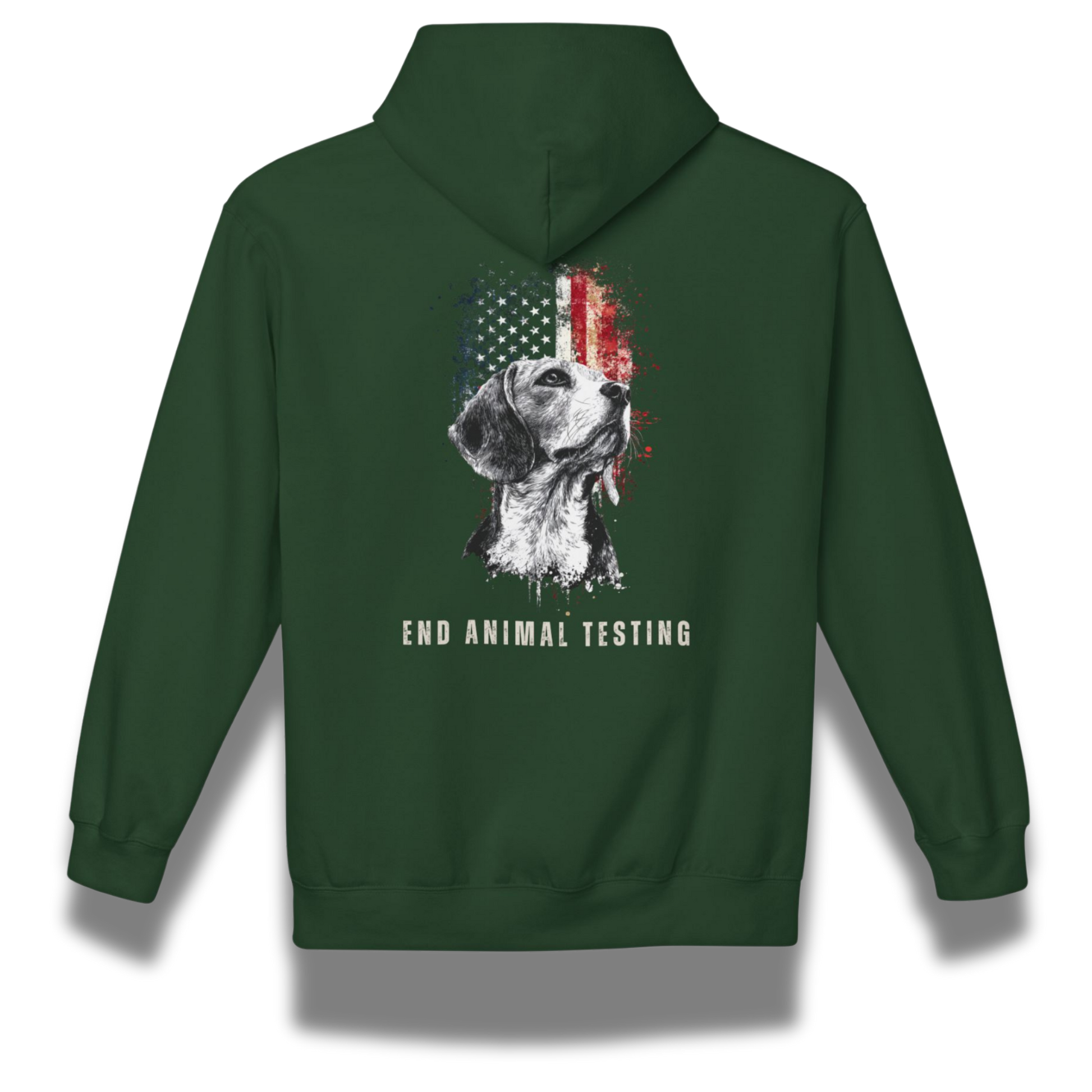 Green hoodie with a dog illustration and 'End Animal Testing' text on the back, against a white background.