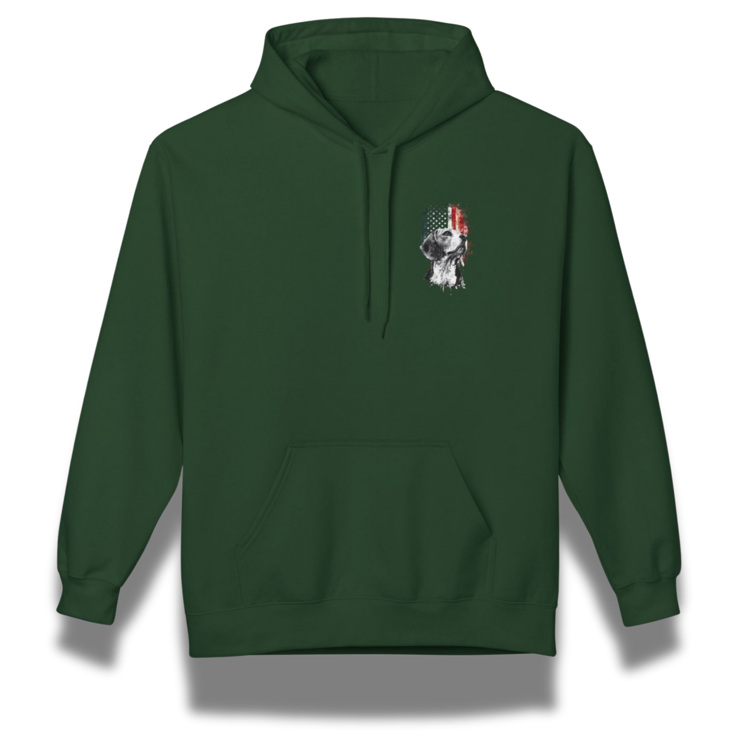 Green hoodie with a small graphic on the chest against a white background