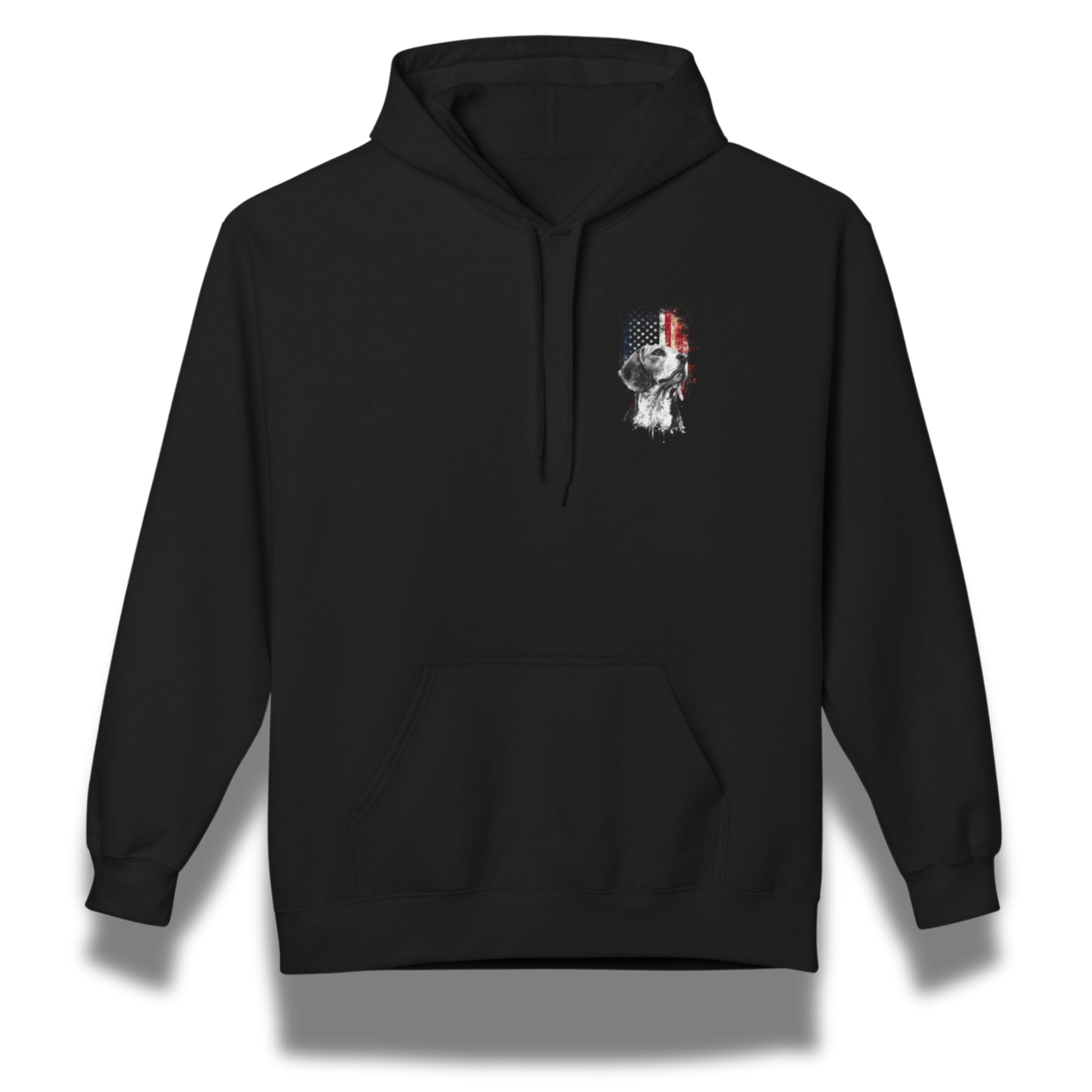 Black hoodie with a small graphic on the chest against a white background