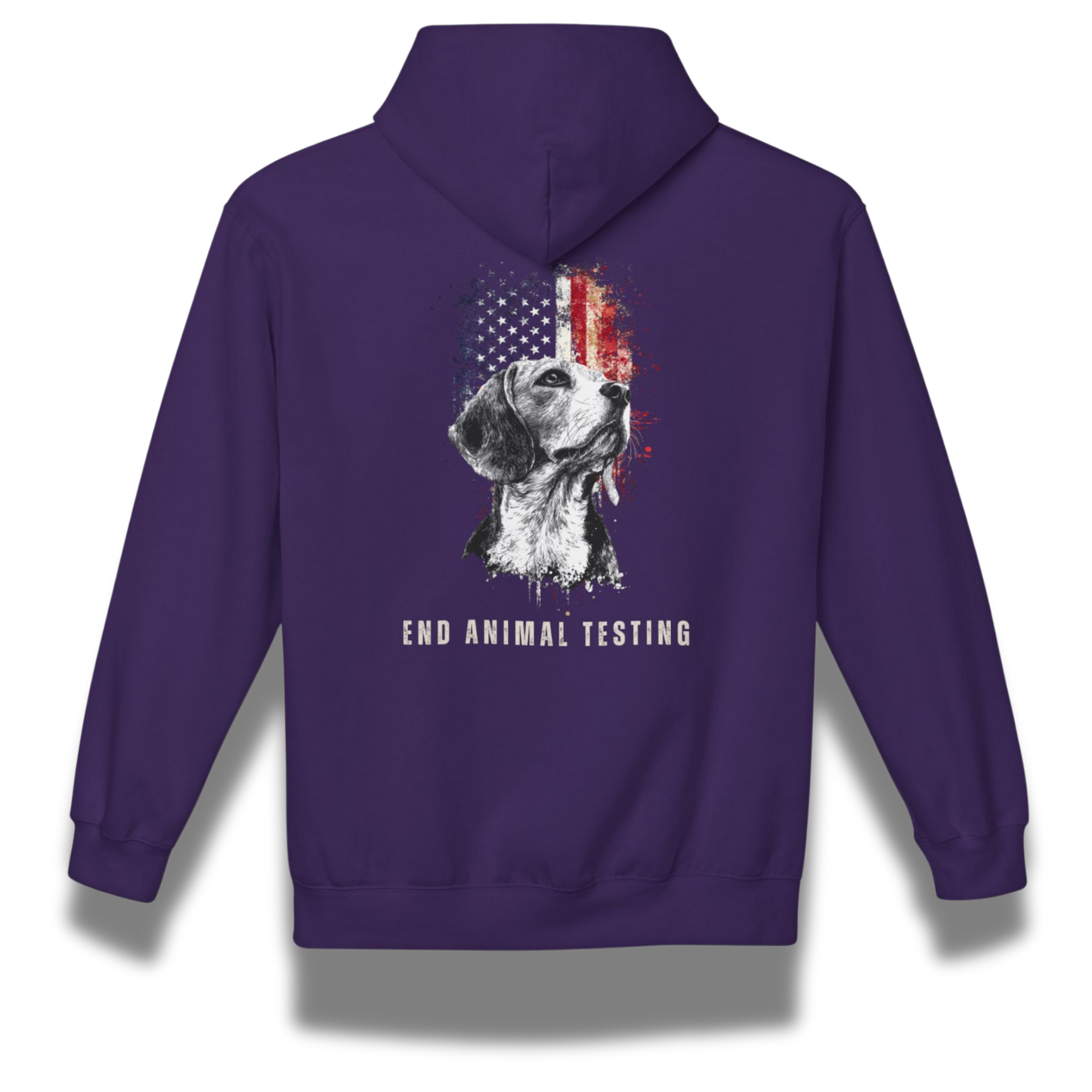 Purple hoodie with a dog graphic and 'End Animal Testing' text on the back, against a white background.