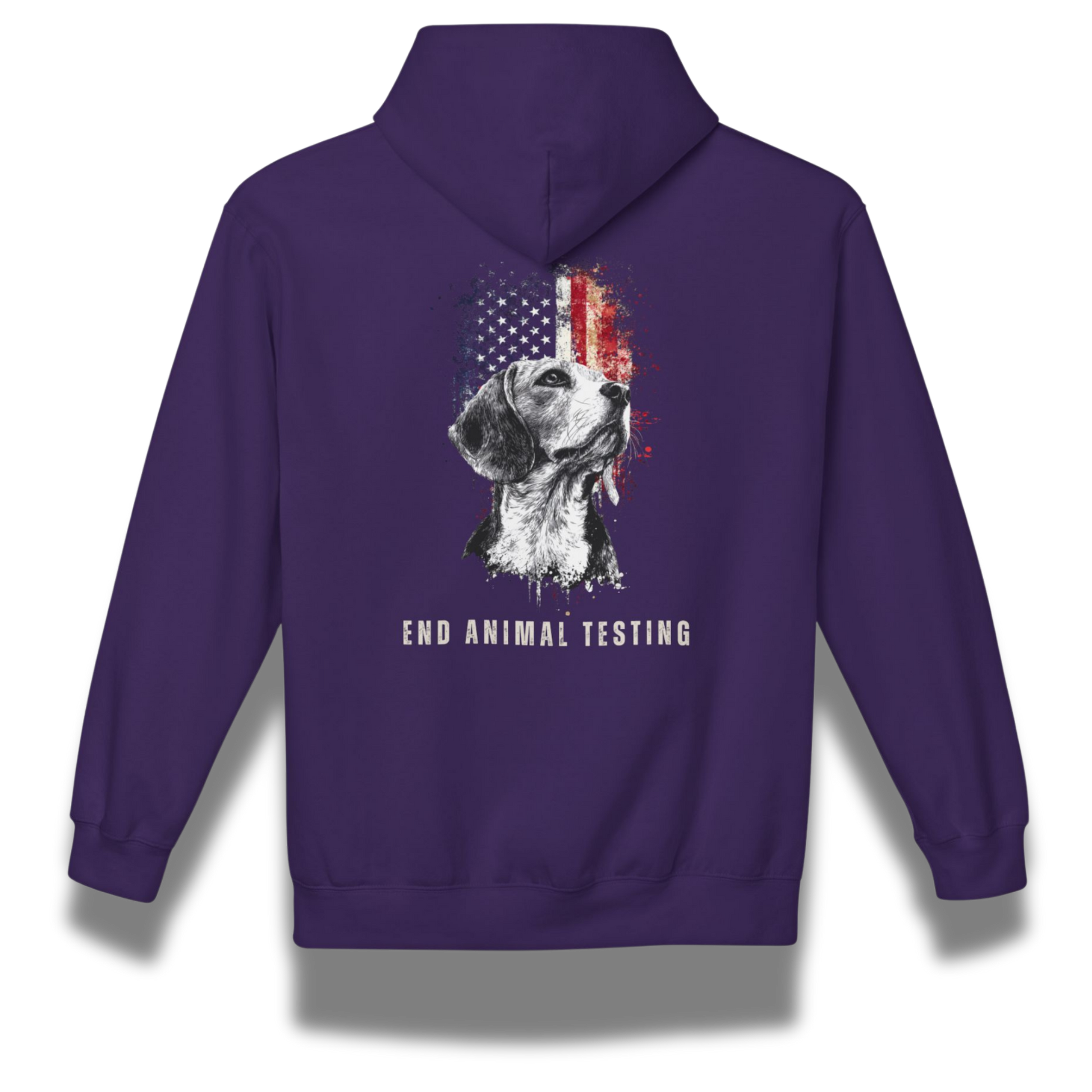 Purple hoodie with a dog graphic and 'End Animal Testing' text on the back, against a white background.