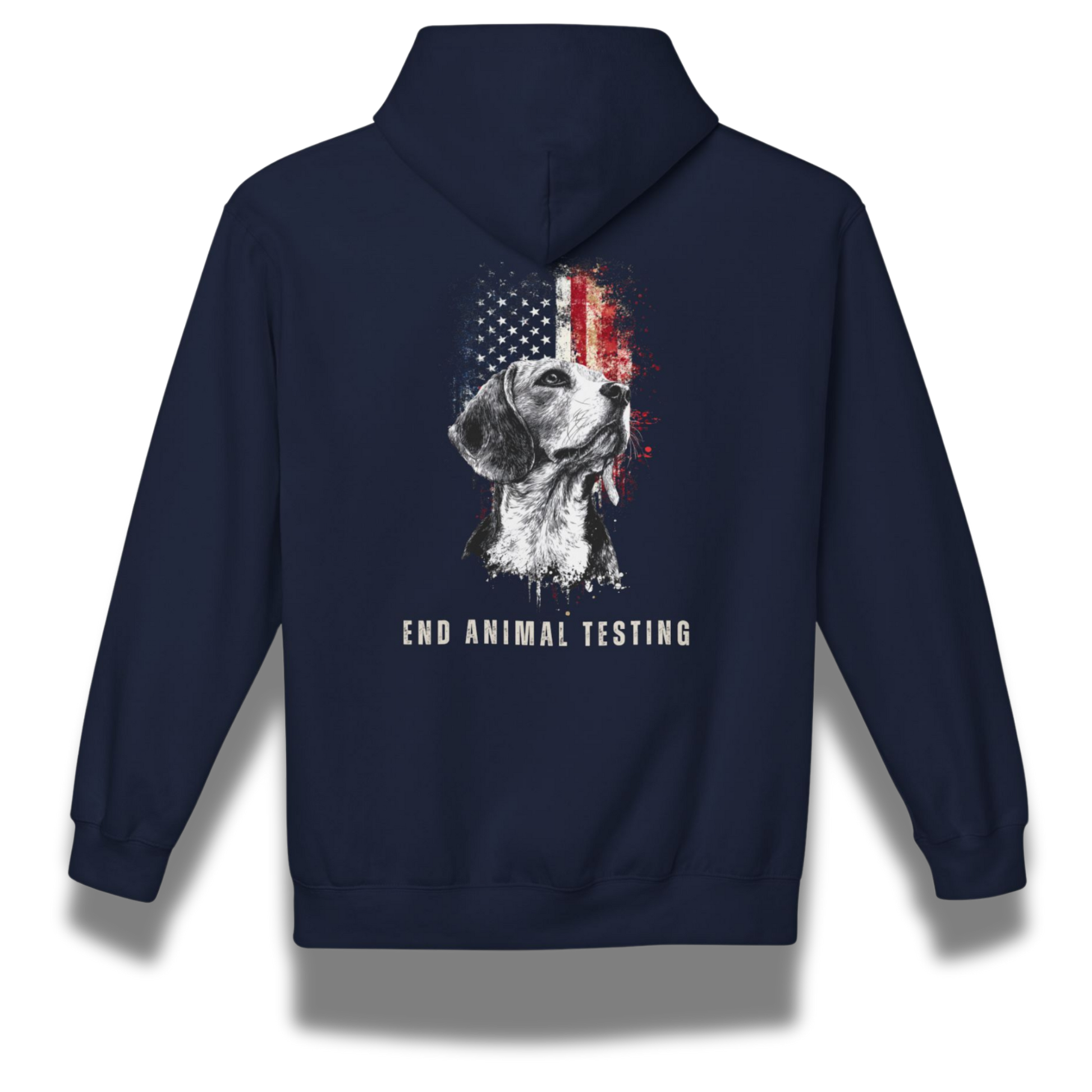 Navy blue hoodie with a graphic of a dog and American flag on the back, featuring the text 'End Animal Testing'.