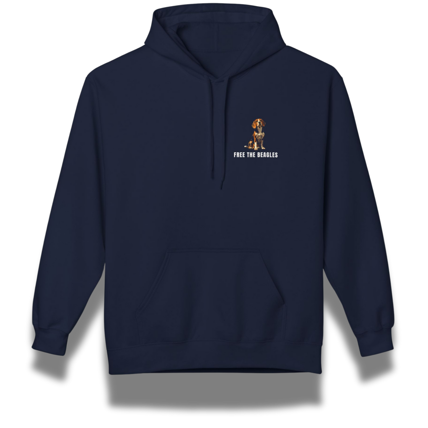 Navy blue hoodie with a small graphic and text on the chest against a white background