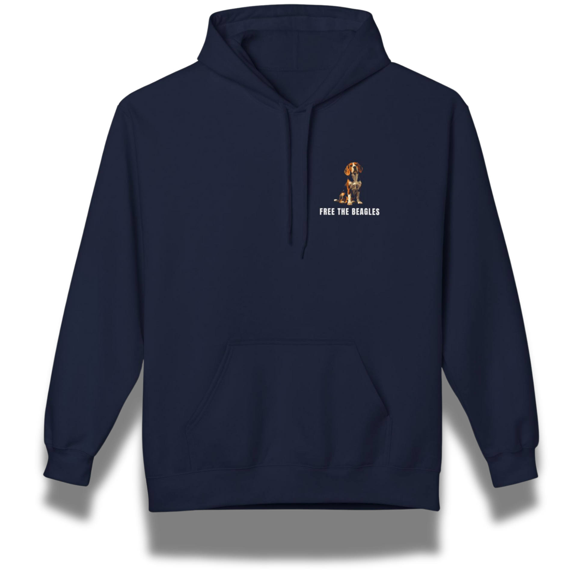 Navy blue hoodie with a small graphic and text on the chest against a white background